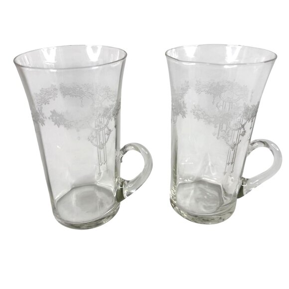 Monongah Roseland Etched Glass Clear Irish Coffee Mugs Set Of 2 Vintage USA - Picture 1 of 12